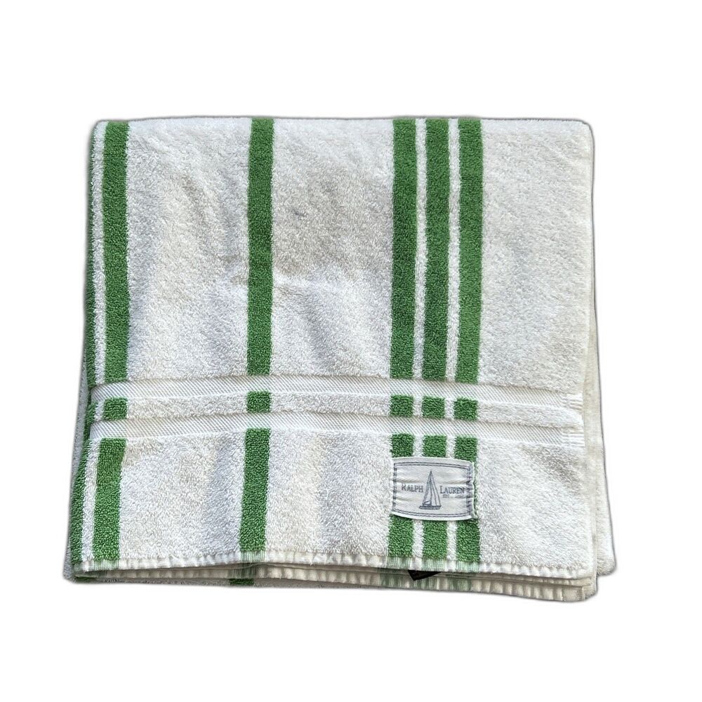Vintage Ralph Lauren Home Beach Towel 34” X 64” USA Striped Cotton Green White